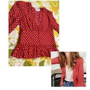 ba&sh Red Mini Floral Button-Down Peplum Top